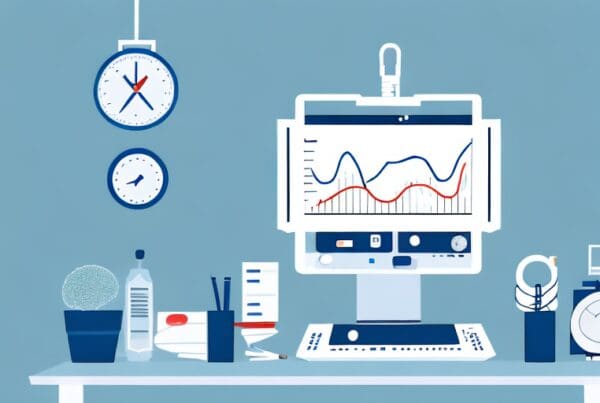 A doctor's office with a computer monitor showing a graph of a successful reputation management campaign