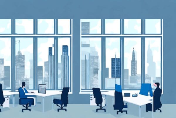 A startup office with a large window showcasing a city skyline