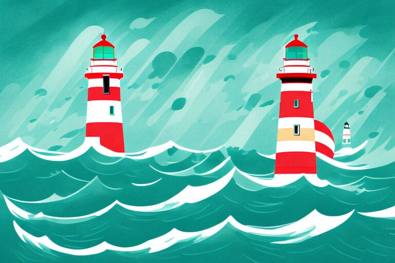 A stormy sea with a lighthouse guiding a cargo ship