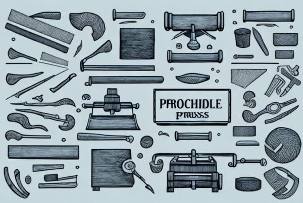 A traditional printing press with various trade-related items