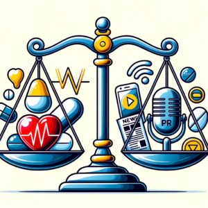 Vector illustration showcasing a balance scale in equilibrium. The left side of the scale features medical symbols like a glossy pill, a pulsating heart, and a shiny stethoscope. The right side is adorned with PR symbols: a microphone with sound waves emanating from it, a folded newspaper revealing top news, and a smartphone with notifications.