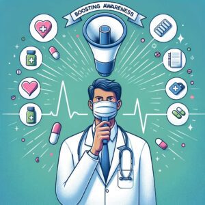 Illustration of a doctor holding a megaphone, with the words 'Boosting Awareness' emanating from it. Around the doctor, there are symbols representing different medical fields, such as a stethoscope, a heartbeat line, and pills, all of which highlight the importance of medical PR.