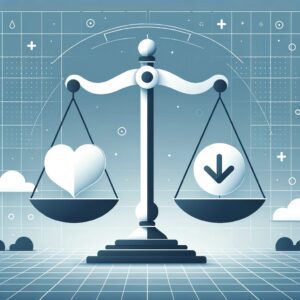 Vector design showcasing a balance scale. On one side, a heart symbolizing healthcare, and on the other, a trust icon. The background features a subtle grid pattern.