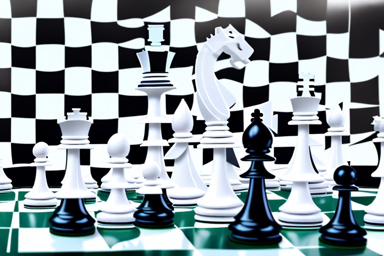 A chessboard with various symbolic corporate elements