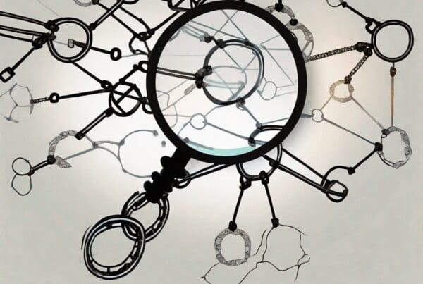 A magnifying glass hovering over a chain of digital links