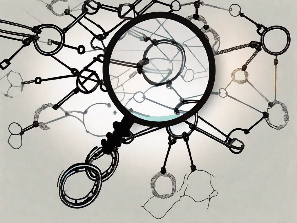 A magnifying glass hovering over a chain of digital links