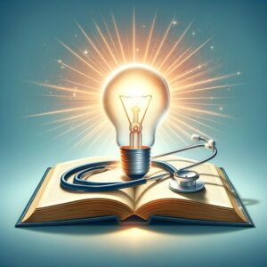 Illustration depicting a scene with a radiant lightbulb in the middle. The lightbulb emits a soft glow, and a stethoscope is carefully draped around it, symbolizing the blend of healthcare and public relations. Beneath this combination, an open book showcases a prominent title that reads 'The Power of Healthcare PR Education'. The entire scene is set against a calm gradient background of light blue to white.