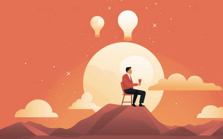 Illustration of a man sitting on a mountain creating thought leadership content