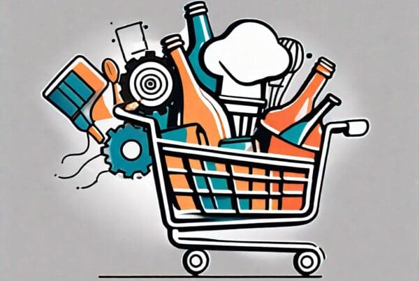 A megaphone amplifying symbols of various business industries (like a shopping cart