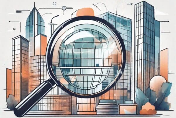 A magnifying glass hovering over a symbolic media agency building