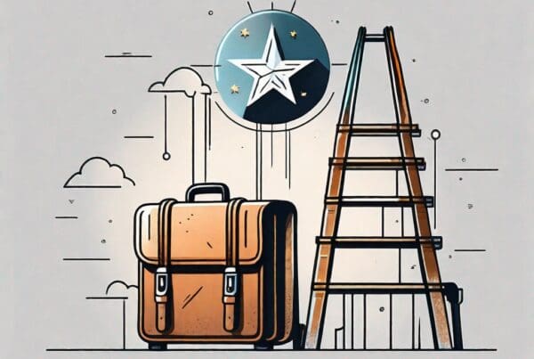 A ladder ascending towards a shining star with various professional tools like a briefcase