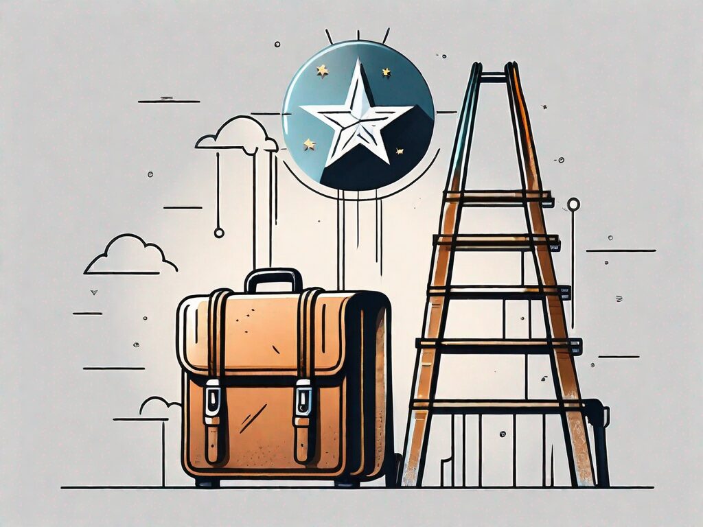 A ladder ascending towards a shining star with various professional tools like a briefcase