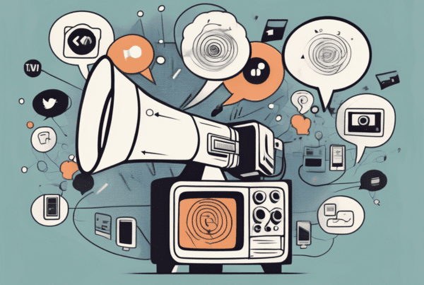 A megaphone projecting symbols of various media outlets such as a tv