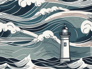 A stormy sea with a lighthouse guiding a ship