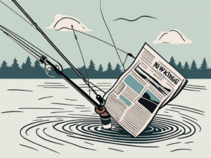 A newspaper being reeled in by a fishing rod