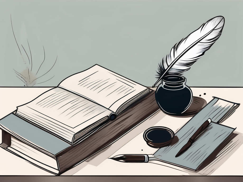 A book placed on a desk with a feather quill and ink pot nearby