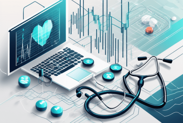 A futuristic digital landscape with symbolic healthcare elements like stethoscopes