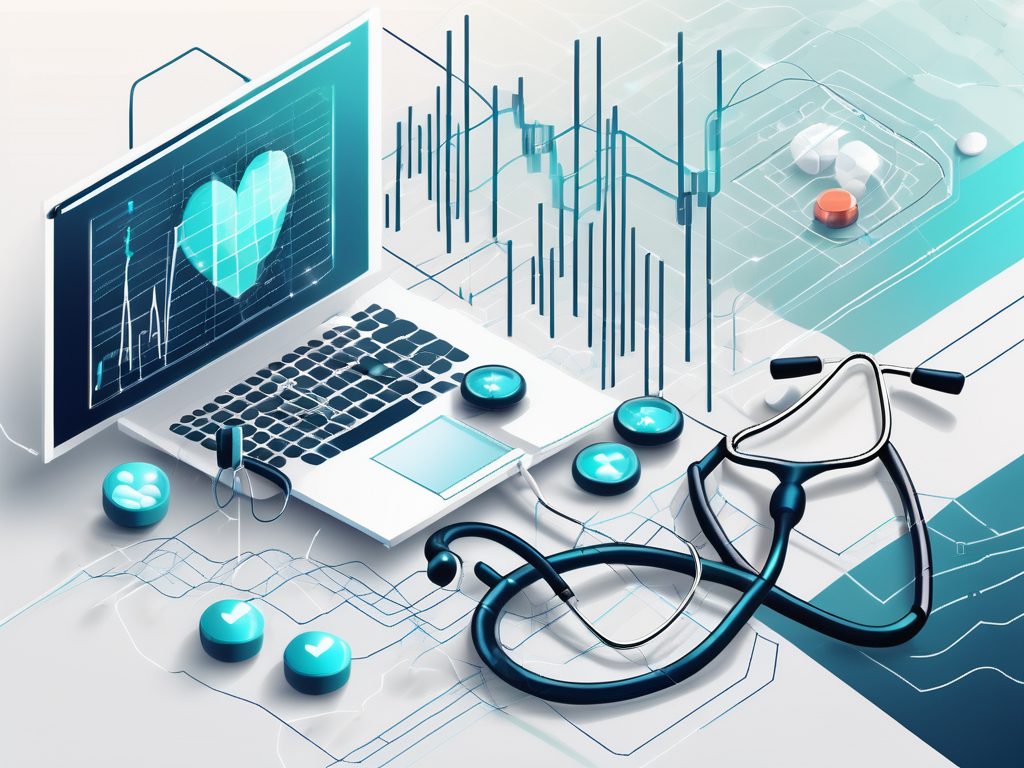 A futuristic digital landscape with symbolic healthcare elements like stethoscopes