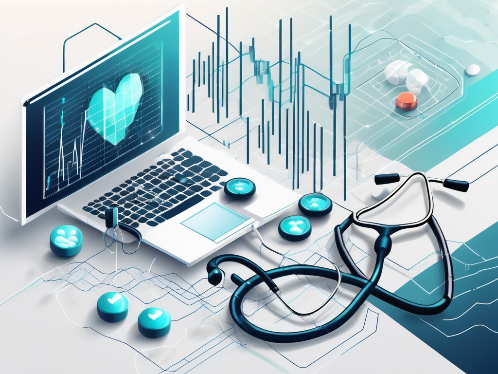 The New Frontier: Digital PR in Healthcare 1 A futuristic digital landscape with symbolic healthcare elements like stethoscopes