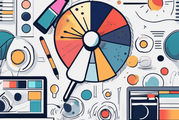 A painter's palette filled with various marketing tools like a megaphone