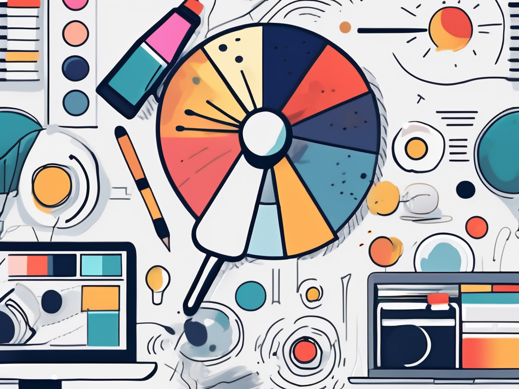A painter's palette filled with various marketing tools like a megaphone