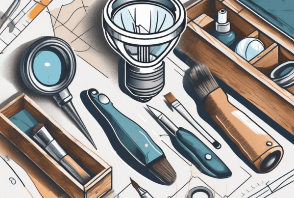 A toolbox with various tools like a magnifying glass