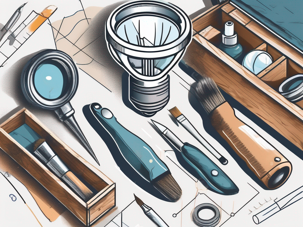 A toolbox with various tools like a magnifying glass