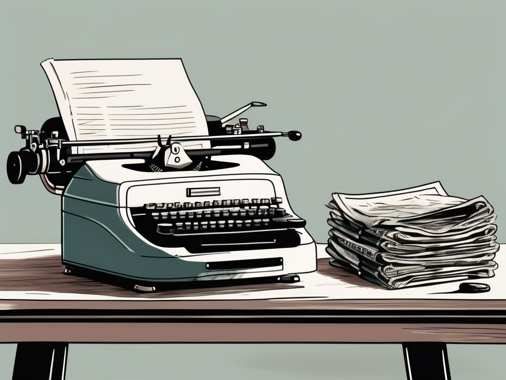 A product placed prominently on a desk with a vintage typewriter and a stack of newspapers nearby